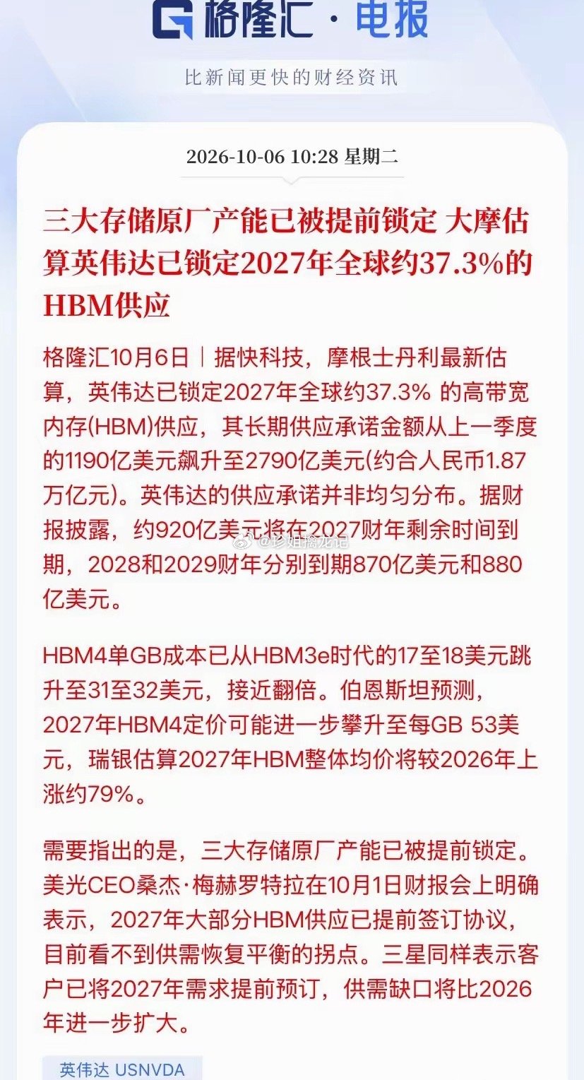 #特朗普回应汽油价格上涨#10月8日开盘！
全网最确定、最硬核、资金绕不开的主线：HBM存储芯片 + 先进封装

一、史诗级锁单！AI巨头提前三年“抢粮”

大摩最新炸裂数据：
英伟达直接锁死2027年全球37.3%的HBM产能
长期供货金额：1.87万亿人民币！

资金分布非常恐怖：
2027年兑现920亿、2028年870亿、2 ​