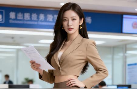 美女五官精致立体、容颜绝美，深米色短款掐腰西装勾勒窈窕曲线，同色系紧身...