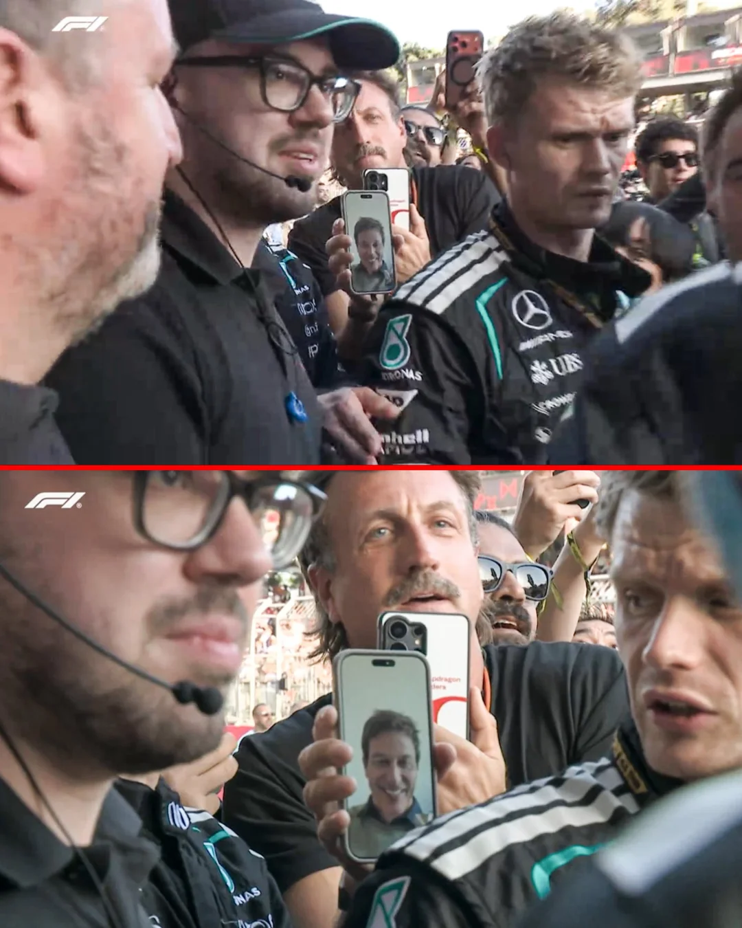 本周不在比赛现场的梅奔领队Toto，通过打视频的方式来庆祝。
#F1#2026F