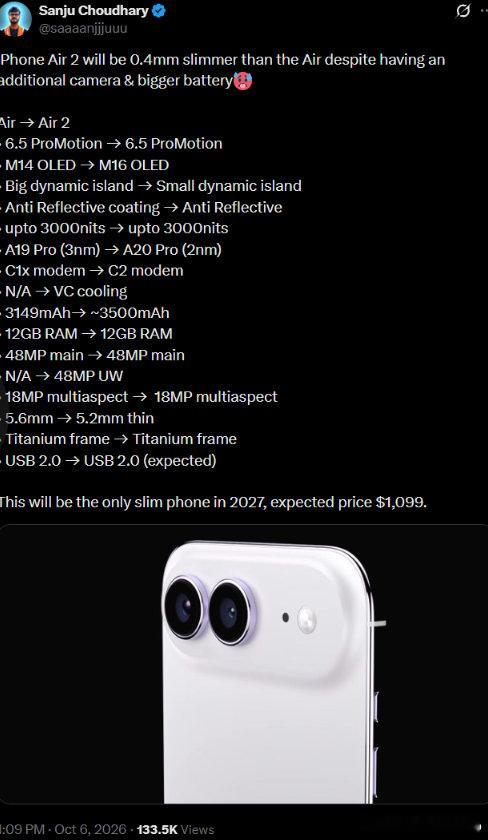 【#iPhoneAir2电池容量##iPhoneAir2散热#】苹果iPhone Air 2预计2027年春季发布，新机有望在进一步缩减机身厚度的同时，改善续航和影像表现。#iPhoneAir2配置#

日前，海外爆料人士Sanju Choudhary曝光了iPhone Air 2的多项配置信息。

据爆料，iPhone Air 2机身厚度将从现款的5.6mm缩减至5.2mm，比前 ​