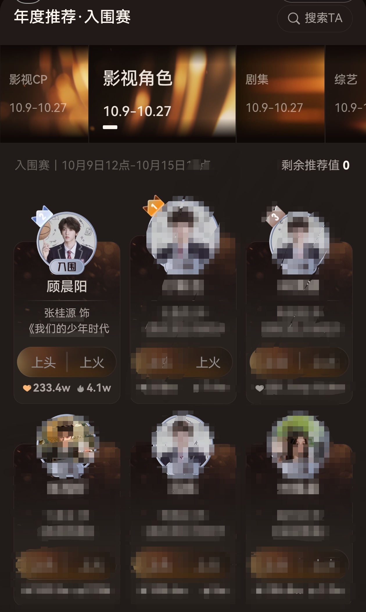 🎉第一阶段投票结束🎉
恭喜大家以2.3w的微弱优势亲手为顾晨阳学长拿下了第二名🥈！大家的每一票都不可或缺！
突围赛（10月16日12：00-10月22日18：00）
我们不见不散！

🙌换票 ​​​
🎁推荐值兑换激励
👗欢迎进裙 
💛辅 ​
