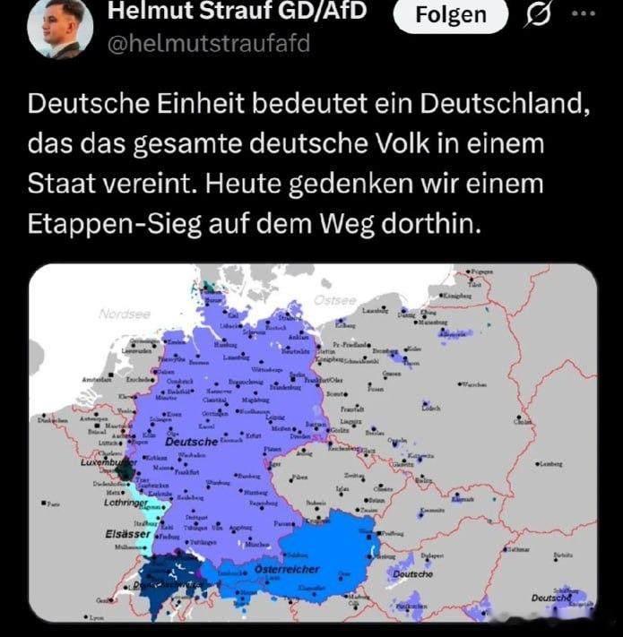 “德国选择党（AfD）青年组织‘德国一代’联邦理事会成员、22岁的卢卡·莫里斯·施特劳夫因发布将邻国领土纳入德国版图的地图丑闻而辞职”。他在德国统一日当天在 X 上发布了一张地图，将法国阿尔萨斯-洛林地区以及奥地利、波兰和意大利的部分领土划入德国版图。配文称“德国统一意味着一个将所有德意志 ​