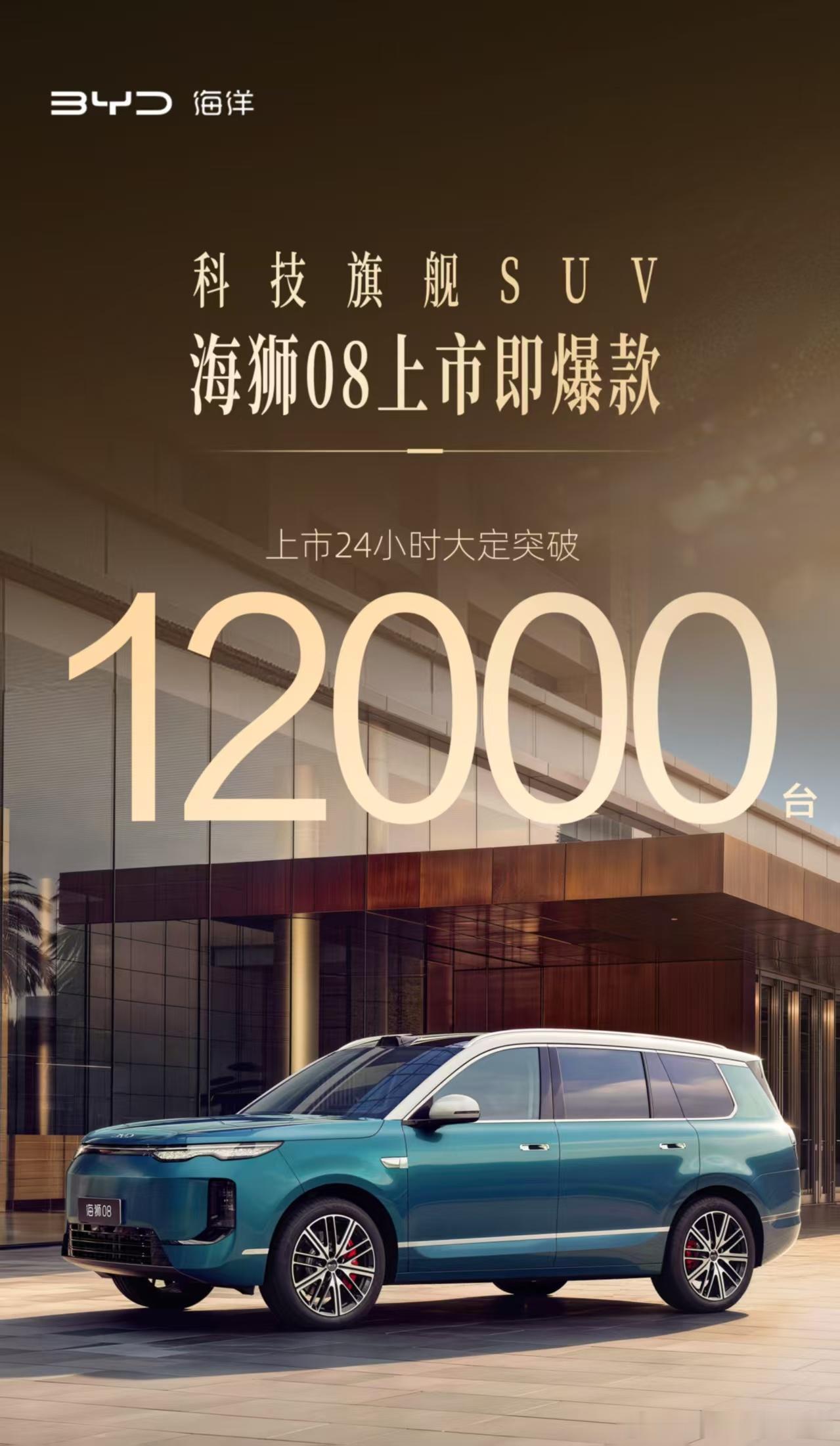 海狮08上市24小时大定冲破12000台🔥
比亚迪海洋系这台科技旗舰SUV，开局直接交出爆款答卷。

能快速拿到市场认可，从来不是偶然。
外观气场、座舱质感、底盘与闪充硬核配置全部拉满，瞄准家庭高端SUV赛道，把用户在意的点一一落地。

市场数据是最真实的反馈，接下来就看实际交付表现，期待实车路上 ​