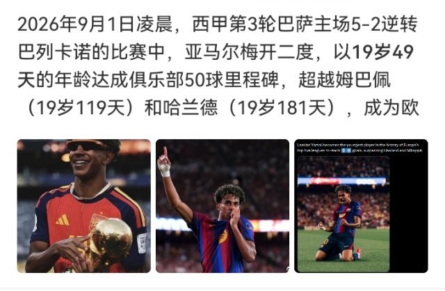 #亚马尔超越姆巴佩哈兰德#

亚马尔19岁49天俱乐部50球。年纪轻轻数据就这么夸张，没法不说是天才，看他踢球就是一种享受。 ​