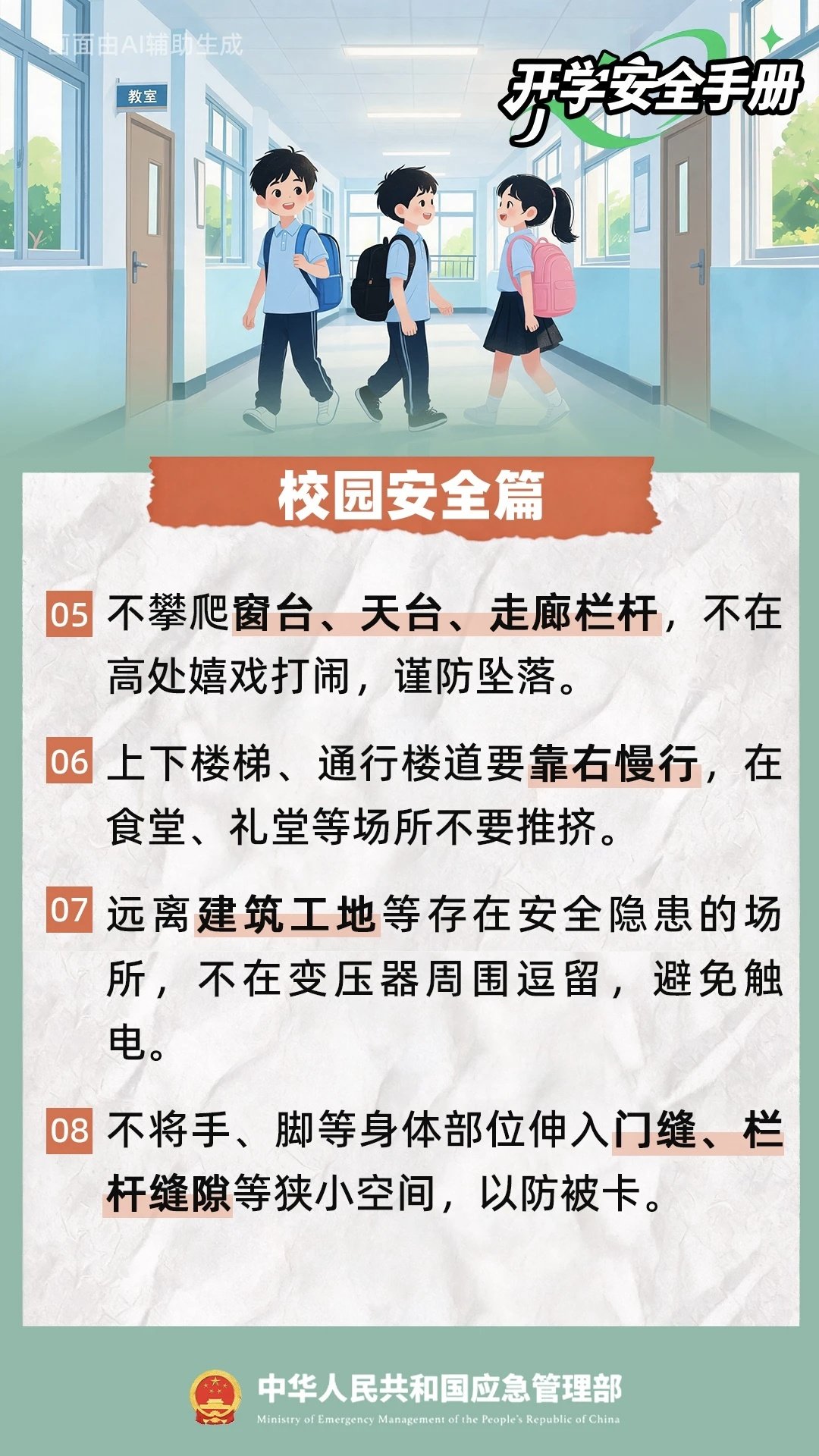 #平安校园# 新学期的号角已经吹响，开学第一课，先上安全课！上下学途中有哪些安全隐患？在校活动要留意哪些细节？遇到意外险情怎样科学自救？和小中一起查收20条安全提示，开启平安快乐新学期~#小中微推#（via.） ​