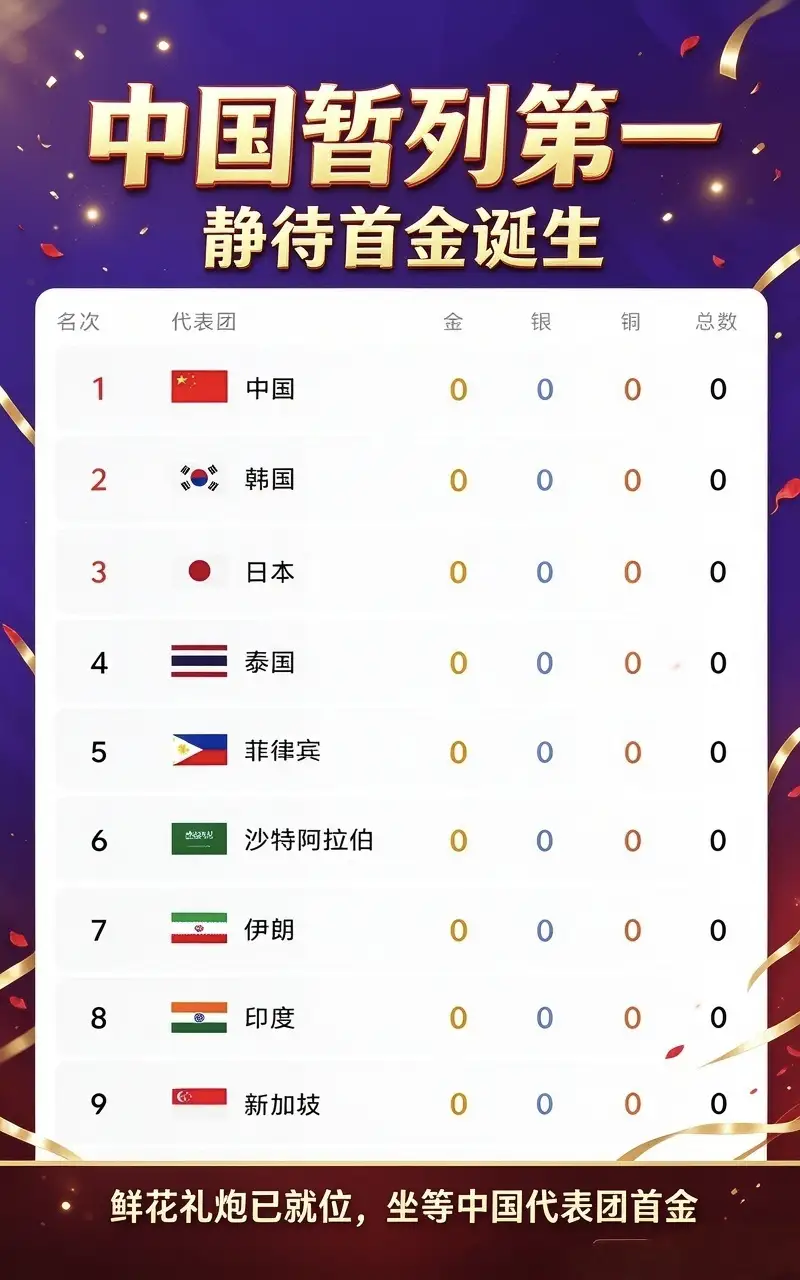 亚运首个金牌日，中国军团冲击开门红
 
亚运迎来首个金牌日，全天将决出31枚金牌。中国选手将在公路自行车女子计时赛、现代五项、女子10米气步枪团体全力争夺首金。游泳赛场更是夺金重点，潘展乐、汪顺、徐嘉余等名将出战多个项目，有望批量摘金。期待中国健儿稳住状态，拿下亚运开门红！