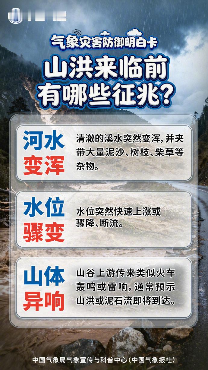#北方多地有降雨降温# 专家提醒，北方大部分地区将迎来一次明显降雨过程，需警惕山洪、地质灾害及城市暴雨积涝、中小河流洪水等。那么遇到山洪有哪些征兆，如何自救？#气象灾害防御明白卡# ​​​