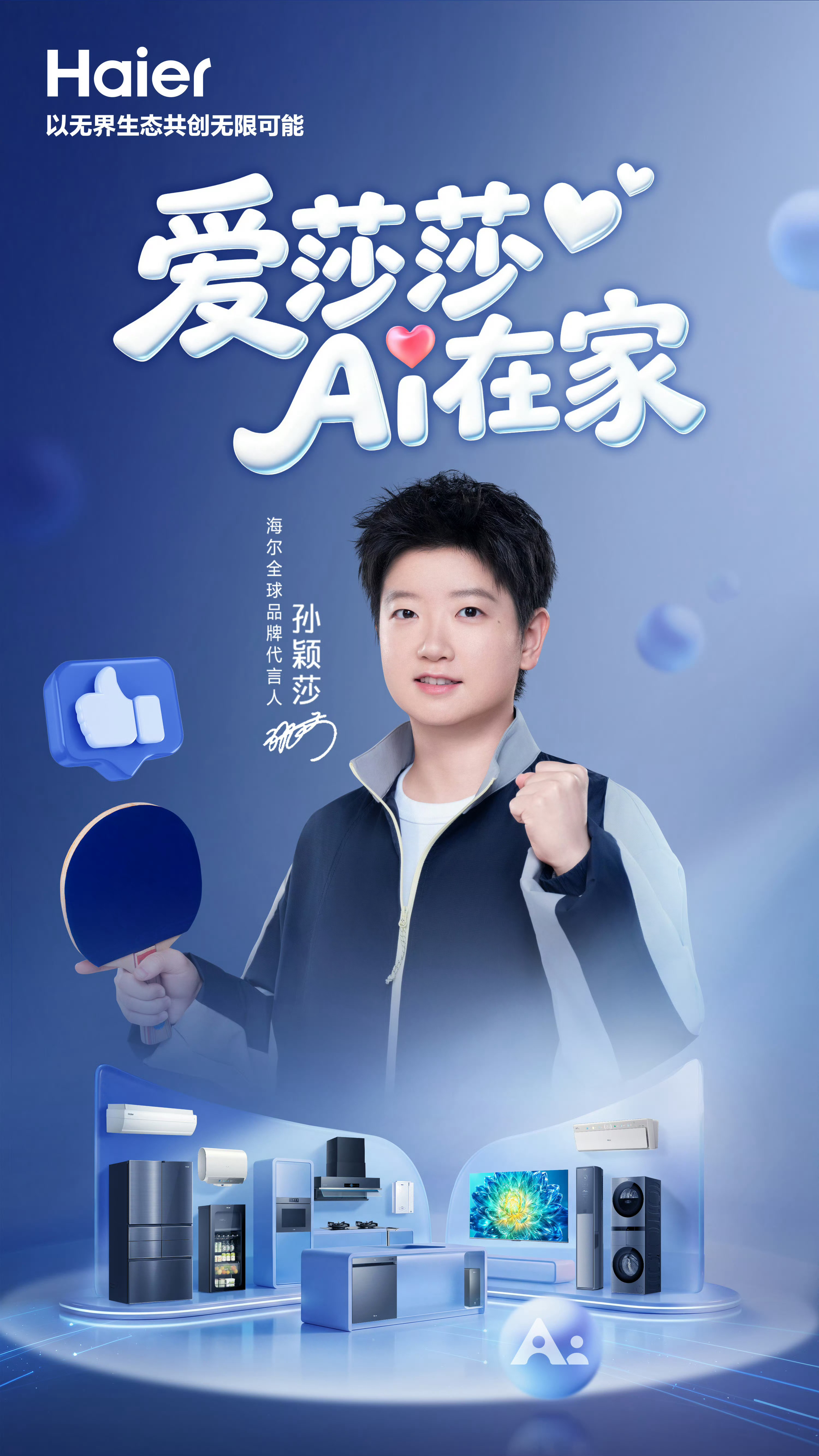 #爱你的人会记得你的来时路##海尔 孙颖莎# 
赛场之上，球拍是陪你征战四方的最佳搭档，助你驰骋赛场、斩获荣光；生活之下，海尔五大智慧家电，是陪伴你烟火日常的暖心好搭子。保鲜万物的冰箱做你的新鲜搭子，温柔洗护的洗衣机做你的洗护搭子，恒温舒适的空调做你的睡眠搭子，洁净安心的净水器做 ​