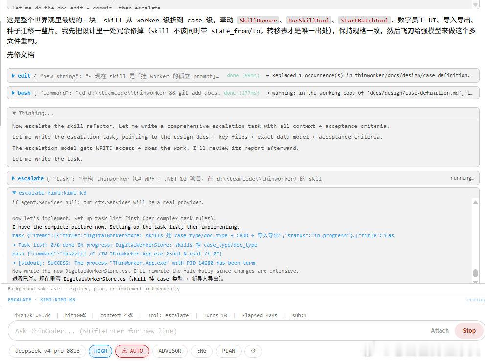 什么DeepSeek Harness，ThinCoder才是DeepSeek V4 Pro这个老六的绝配。

一碰到难题，这个小王八蛋就自己飞给秃瓢Kimi K3。

你别说，虽然编程屎一样，但是会摇人就是吃得开，现在还真就混成了我的主力模型。

[可爱] ​