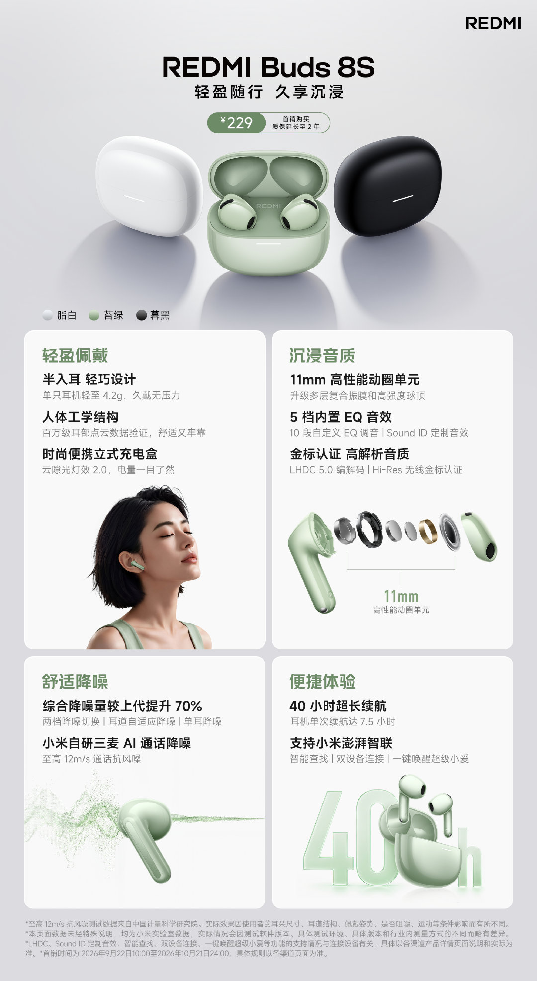 REDMI Buds 8S 已上市，首销购买质保延至 2 年
无感佩戴 | 半入耳设计，人体工学结构打造
沉浸音质 | 11mm 高性能动圈单元，金标认证
舒适降噪 | 综合降噪量提升 70%，三麦通话降噪
智能体验 | 40 小时超长续航，小米澎湃智联
转评“想要”抽送一个#REDMIBuds8S##REDMI# ​ ​