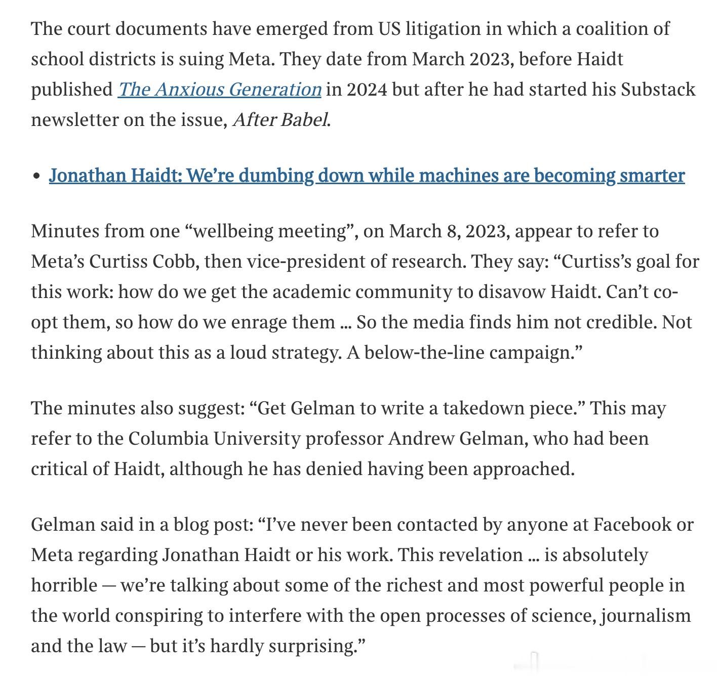 泰晤士报，Meta密谋“打垮”社交媒体禁令的倡导者Meta plotted ‘takedown’ of author who inspired social media bans

员工讨论如何“让学者反对”乔纳森·海特。这位心理学家的著作《焦虑的一代》推动澳大利亚禁止儿童使用社交媒体。

马克·塞尔曼（Mark Sellman）

法庭文件显示，Meta高管曾密谋抹 ​