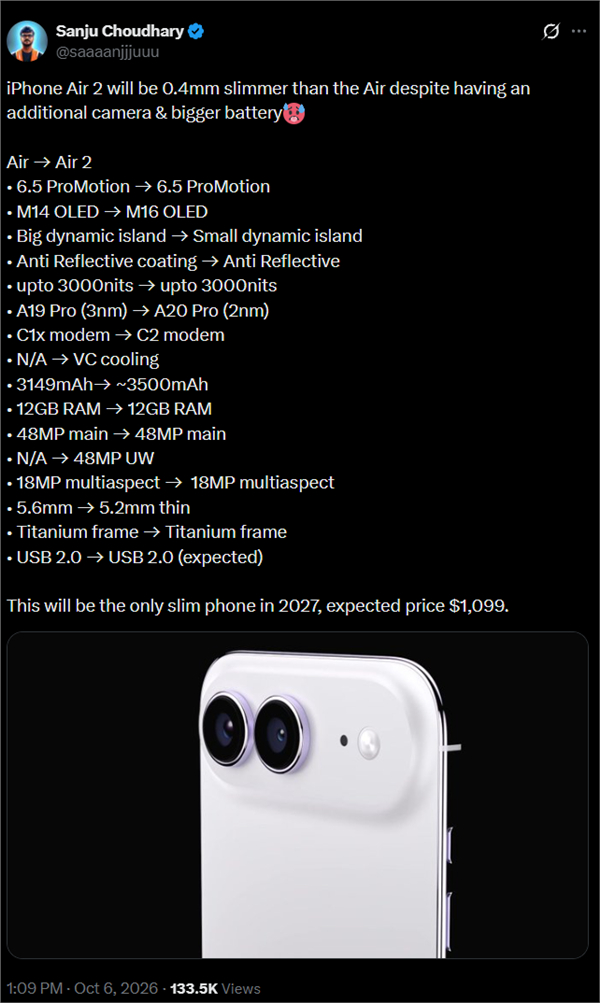 #2027年发布 苹果iPhone Air 2大升级# 
苹果iPhone Air 2预计2027年春季发布，相关爆料显示，该机机身厚度将从现款的5.6mm缩减至5.2mm，电池容量从初代的3149mAh提升至约3500mAh，将首次引入VC均热板散热方案。该机预计搭载台积电2nm工艺的苹果A20 Pro芯片，内存维持12GB，升级苹果自研C2基带，取代现 ​