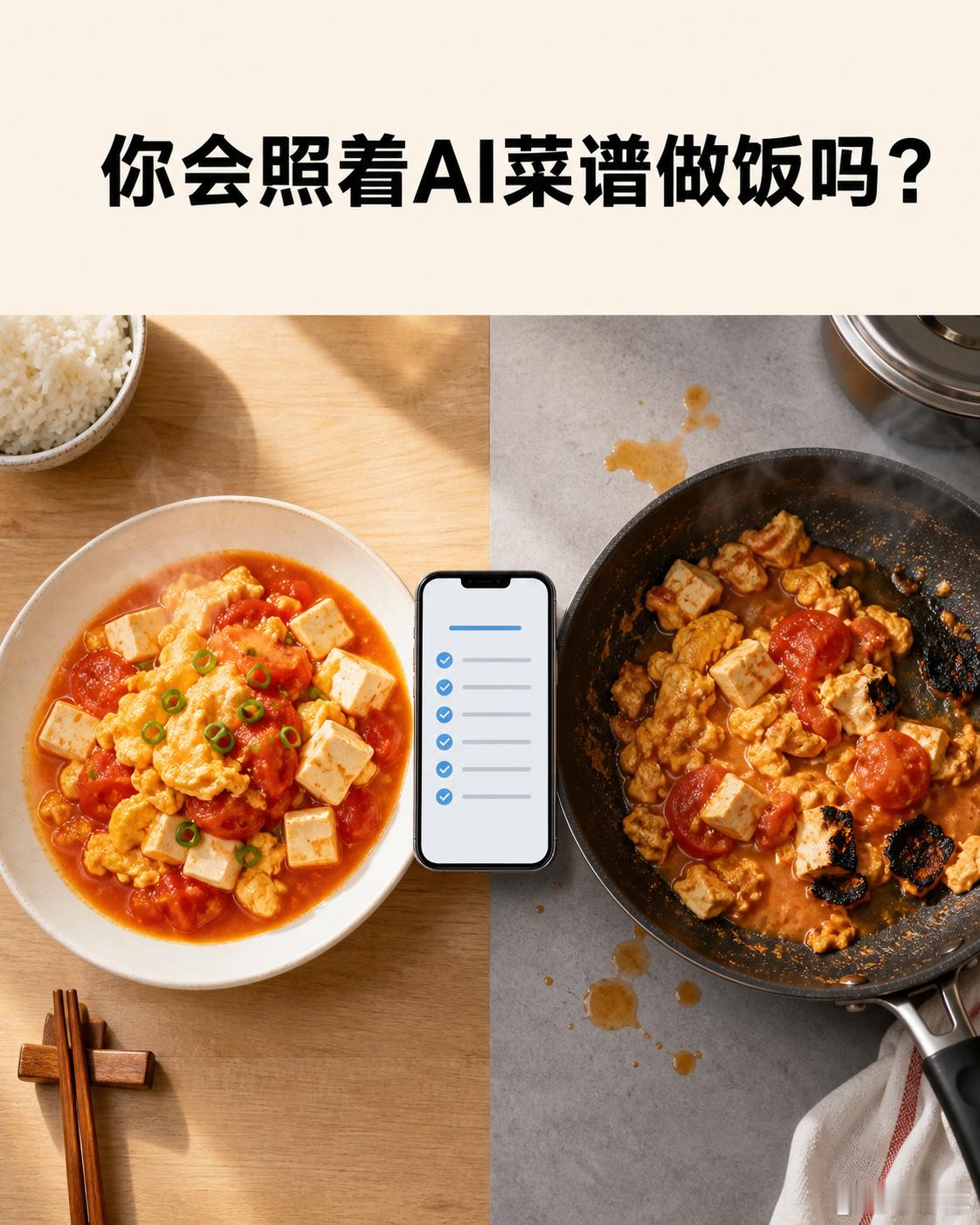 #你会照着AI菜谱做饭吗#

我想做个很简单的测试：把同一道题分别发给豆包、ChatGPT和千问——

“冰箱里只有鸡蛋、西红柿和豆腐，只有一口锅，20分钟，一个人吃，少油少盐，能做什么？”

以前搜菜谱，得先想好菜名。现在问AI，可以直接把现有食材、人数、时间和厨具告诉它。对不会做饭的人来说，这种 ​