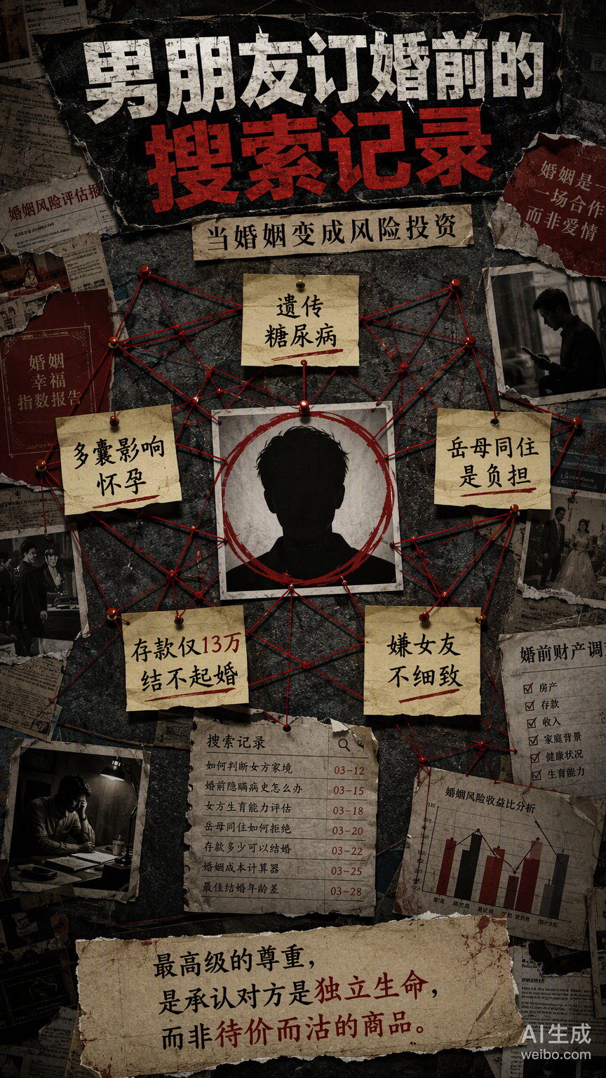 一位女生偶然翻到男友的手机，发现他在订婚前向DeepSeek发去长文，从遗传病到结不起婚七条顾虑样样计较，全是冰冷的算计。

这操作确实让人脊背发凉。

在那份长长的提问里，他担心女友遗传糖尿病、担心多囊影响怀孕，甚至嫌弃对方不够细致、照顾不好自己。

字里行间全是权衡利弊的算计，唯独没有一丝 ​