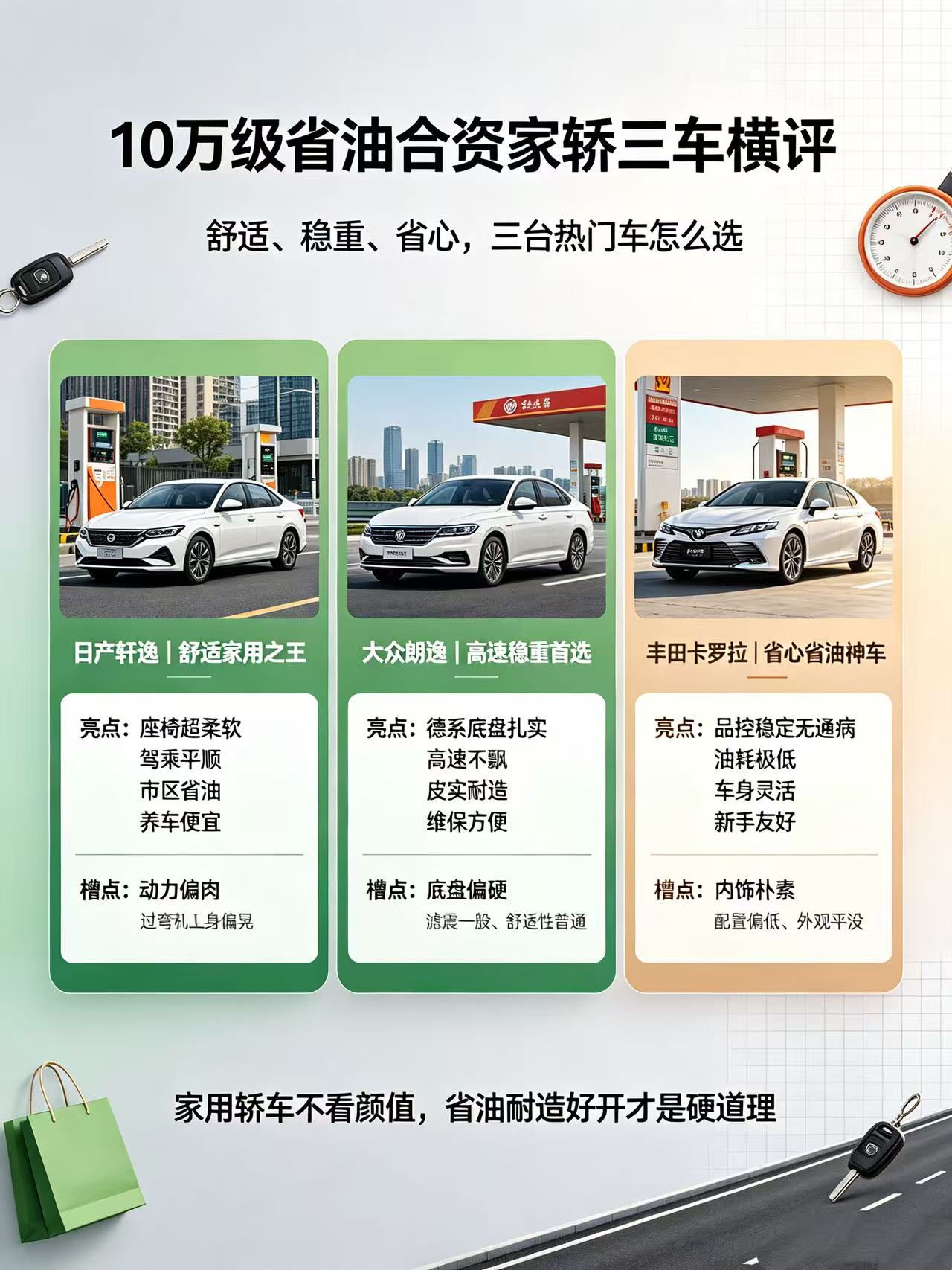 我换全新不重复选题！做10万级省油耐用家用轿车，三车选日产轩逸、大众朗逸、丰田卡罗拉，主打合资省油、皮实耐造，和之前所有车型完全不撞款，口语化真实评车、优缺点均衡。
10万级省油家用轿车怎么选？三台合资神车真实对比
预算10万想买一台不出错的家用轿车，追求省油、耐造、养车便宜，那这三台国民级合资车绝