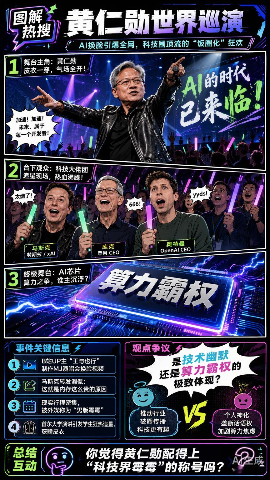 #黄仁勋世界巡演#黄仁勋的“世界巡演”这次算是彻底跑通了科技圈的饭圈化逻辑。

B站UP主把MJ演唱会换脸成黄仁勋，台下坐着马斯克、库克和奥特曼，这不仅仅是一个AI二创的娱乐梗，更像是一次对当前算力霸权的精准映射。马斯克转发调侃“这就是内存这么贵的原因”，这种大佬间的互动本质上是在确认彼此 ​