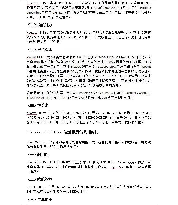 三款6000元档旗舰谁更耐用🎇对比说清。预算6000元左右，耐用手机别只看跑分，防护、续航、长期流畅度和售后权益更影响两三年后的体验。三款2026年9月新旗舰各有侧重：Xiaomi 18 Pro具备IP66/IP68/IP69防护，配7000mAh电池，适合担心磕碰进水、想长期省心的人；vivo X
