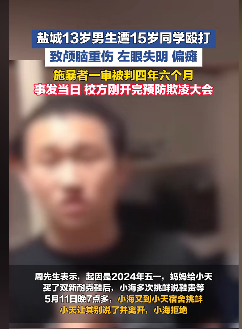 #13岁的男生被同学殴打到瞳孔散了# 男生打伤同学致重伤，治疗费已超过600万元。2024年5月，江苏盐城一所民办寄宿学校里，13岁的小天收到妈妈买的新耐克鞋。家属称，同班15岁男生小海曾多次拿鞋价挑衅小天。5月11日晚，小海又到小天宿舍挑衅；小天让对方离开没有结果，便拿马桶刷甩向小海，小海随即挥拳 ​