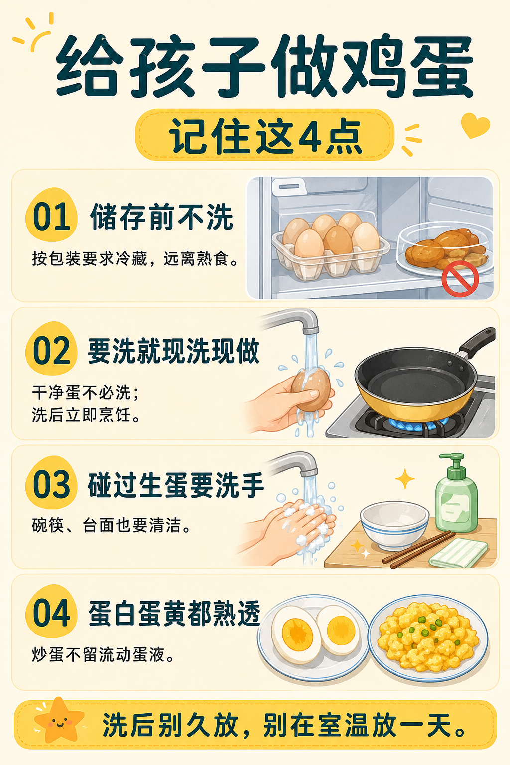 【#一家三口吃水洗鸡蛋后集体中毒#】 “为了让孩子吃得干净，把鸡蛋洗好再放冰箱。”这个看似贴心的习惯，确实可能增加食品安全风险。

近日，网传沈阳一家三口吃炒鸡蛋后出现呕吐、腹泻、发热，原因被指向“提前水洗鸡蛋”。这件事值得提醒家长，但也要把话说准确：水洗后储存可能增加污染风险，具体 ​