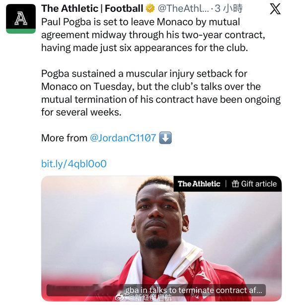 The Athletic：博格巴即将与摩纳哥协商解约，提前终止这份两年...
