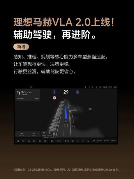 理想推送新一轮OTA更新，英伟达OrinX、Thor-U老车主也用上了马赫VLA 2.0

基于OTA 8.6 ， 理想将马赫 VLA 2.0推送给了搭载 Orin-X 和 Thor-U 芯片的车型，覆盖近百万用户，主要是理想2022款至2025款的车型。

马赫VLA 2.0的特点是，跟车、 绕行、 变道、 博弈等场景的体验明显升级。

理想在过去五年中 ​