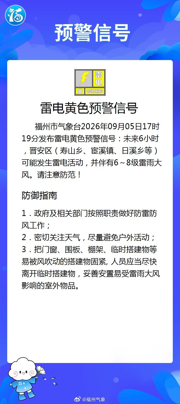 【福州市雷电黄色预警信号】福州市气象台2026年09月05日17时19分发布雷电黄色预警信号：未来6小时，晋安区（寿山乡、宦溪镇、日溪乡等）可能发生雷电活动，并伴有6～8级雷雨大风。请注意防范！ ​