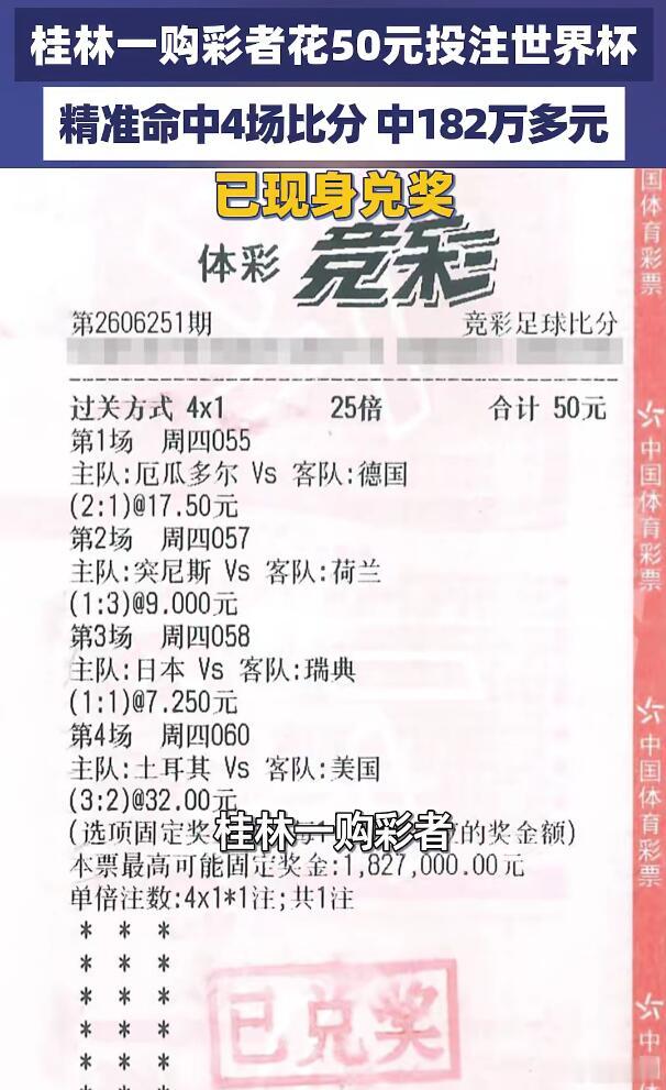 桂林这哥们直接封神！只花50块买了4场世界杯比分，四场结果一分不差全猜...
