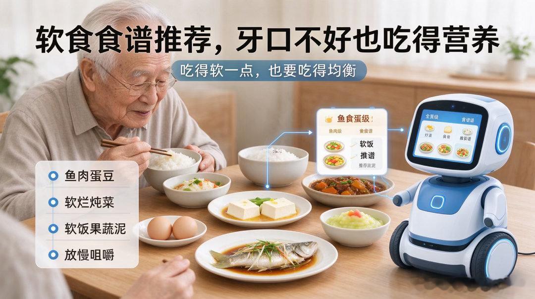 老人牙口不好、吃饭费劲？智能养老机器人帮你把饭吃"香"​
 
牙好，饭才香，身体才壮。可上了年纪，很多老人牙齿松动、脱落、假牙不适，吃东西费力，硬的咬不动、黏的不敢碰、凉的刺激、热的发烫，渐渐只能凑合着喝粥、吃烂糊，结果营养跟不上、体重下降、身体每况愈下。牙口问题是很多老人生活质量下 ​