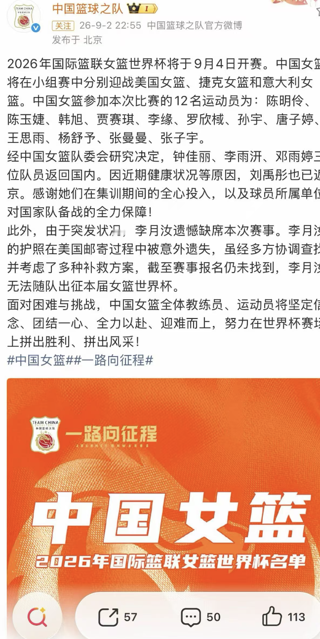 简直离谱，李月汝护照丢失，导致最终无缘女篮世界杯。
在中国女篮最新的世界杯出征名单中，并没有李月汝的名字。作为国家队的内线主力，李月汝缺席引发了外界多种猜测。中国女篮最新的公告揭开了背后的原因，李月汝因为护照在美国邮寄过程中丢失，虽然经过多方努力补救，但最终未能完成世界杯报名，导致她无法参加女篮世界