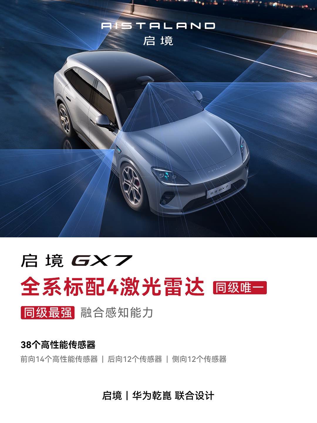前路漫漫，总有感知为你探路
同级唯一4颗激光雷达、38个高性能传感器，构筑全维感知网络。
起步就有顶配智能辅助驾驶，入门标配L3级自动驾驶架构。八大冗余，双倍安心，底气加倍。
启境汽车 启境GX7