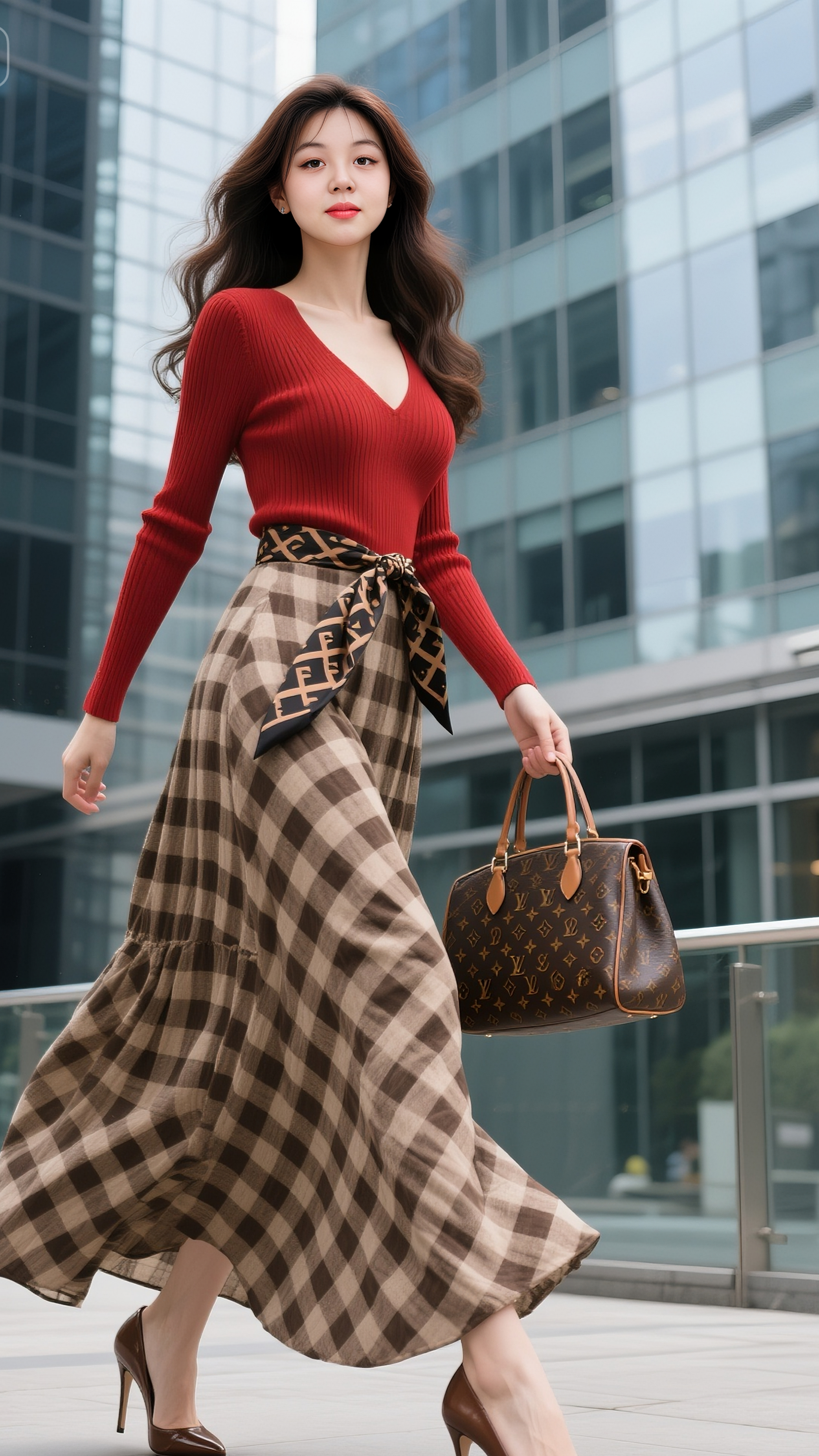 《都市行吟》  赤彩燃秋色，格纹步流云。  璃墙映倩影，一笑自成春。 ...