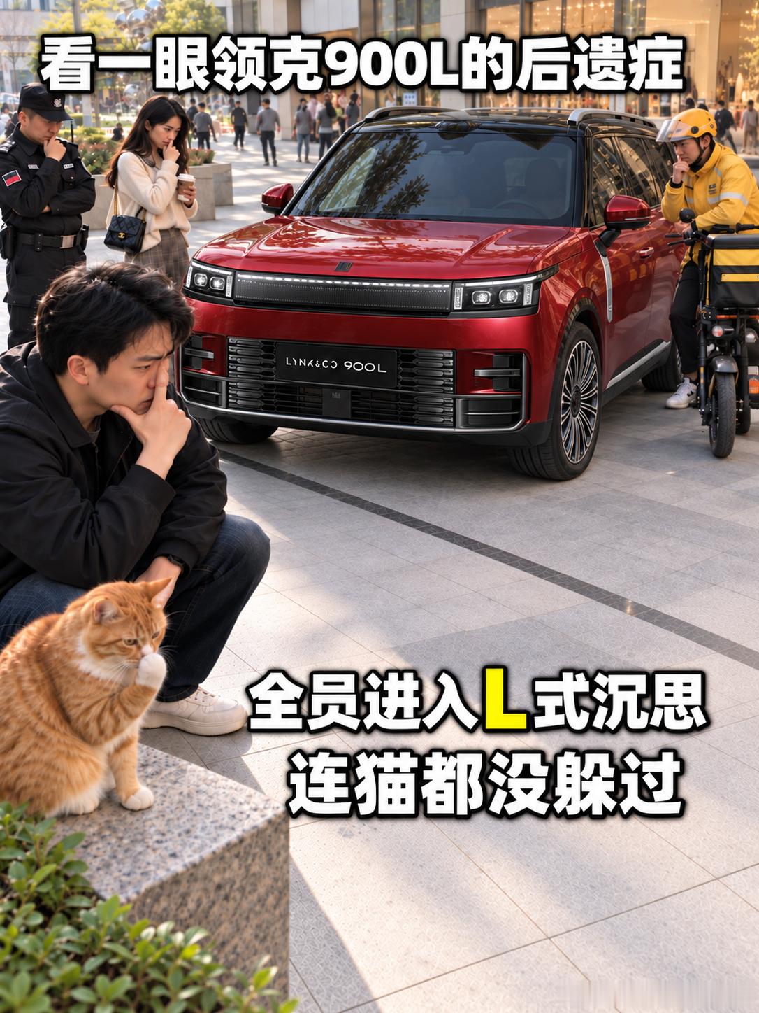 领克900L这个L，已经把我带偏了🤔
​本来想认真看看领克900L的造型，翻到这张梗图就回不去了。人摸鼻梁就算了，怎么连猫都加入L式沉思了啊🤣

现在看车尾那个L，脑子里自动播放向佐同款动作。再翻下一张，店员问XL还是2XL，回答居然是领克900L……你们选尺码的思路是不是有点太开阔了？

官方的命 ​