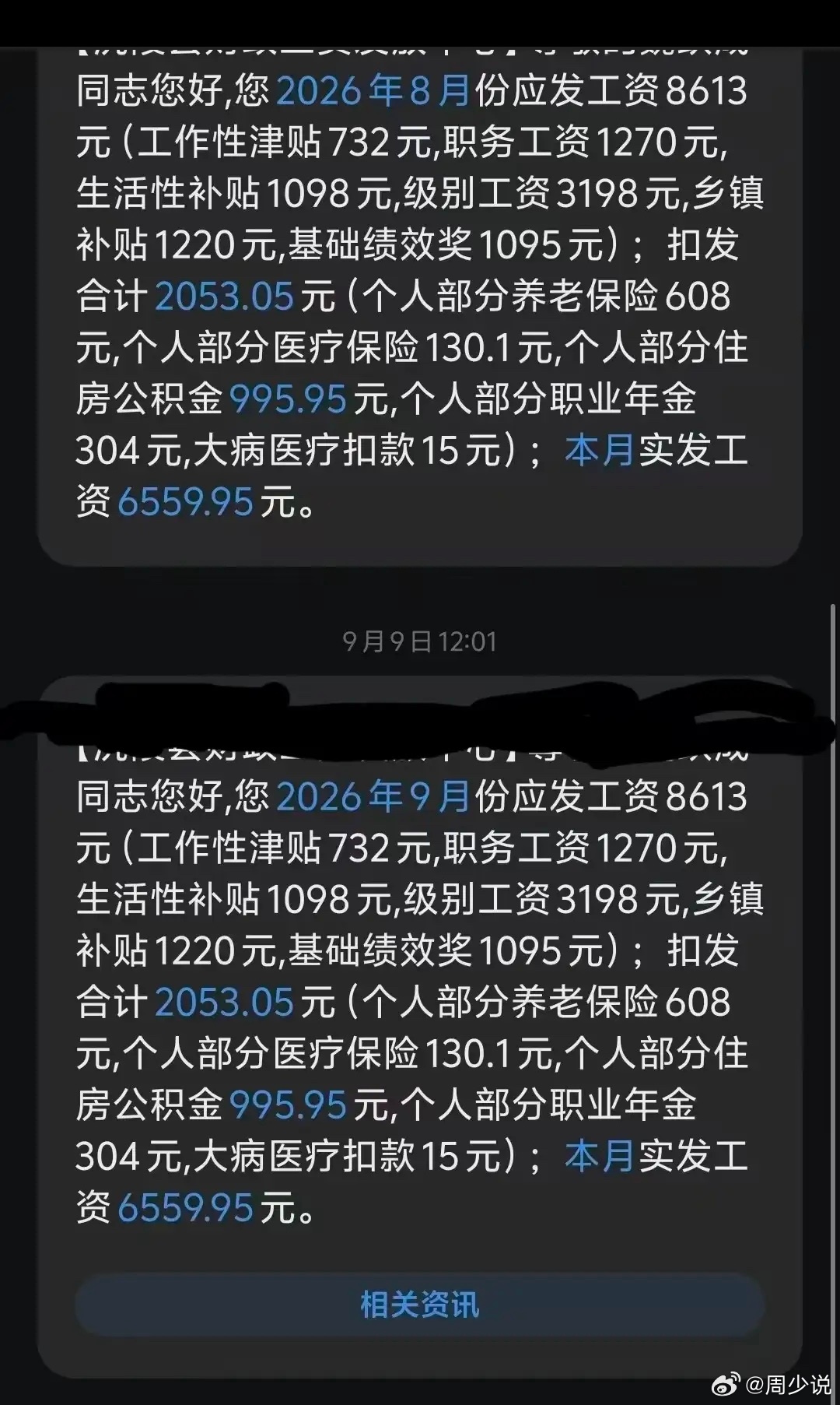 哦嚯！一位乡镇干部自曝薪资收入，八月九月份应发工资8613元，其中工作性津贴732元，职务工资1270元，生活性补贴1098元，级别工资3198元，乡镇补贴1220元，基础绩效奖1095元）；扣发合计2053.05元（个人部分养老保险608元，个人部分医疗保险130.1元，个人部分住房公积金995.95元，个人部分职业年金304元，大病医疗扣款15元）；最终实发工资6559.95元。作为一名乡镇干部，在我看来，这份工资条格外真实公平，完全匹配基层干部的付出。乡镇工作不同于机关内勤，直面群众、扎根一线，日常琐碎繁杂，防汛值守、乡村振兴、民生服务常年无休，工作压力和辛苦程度远超普通岗位。大家觉得这样的薪资收入怎么样？寻美湖南寻美三湘周少说教育
