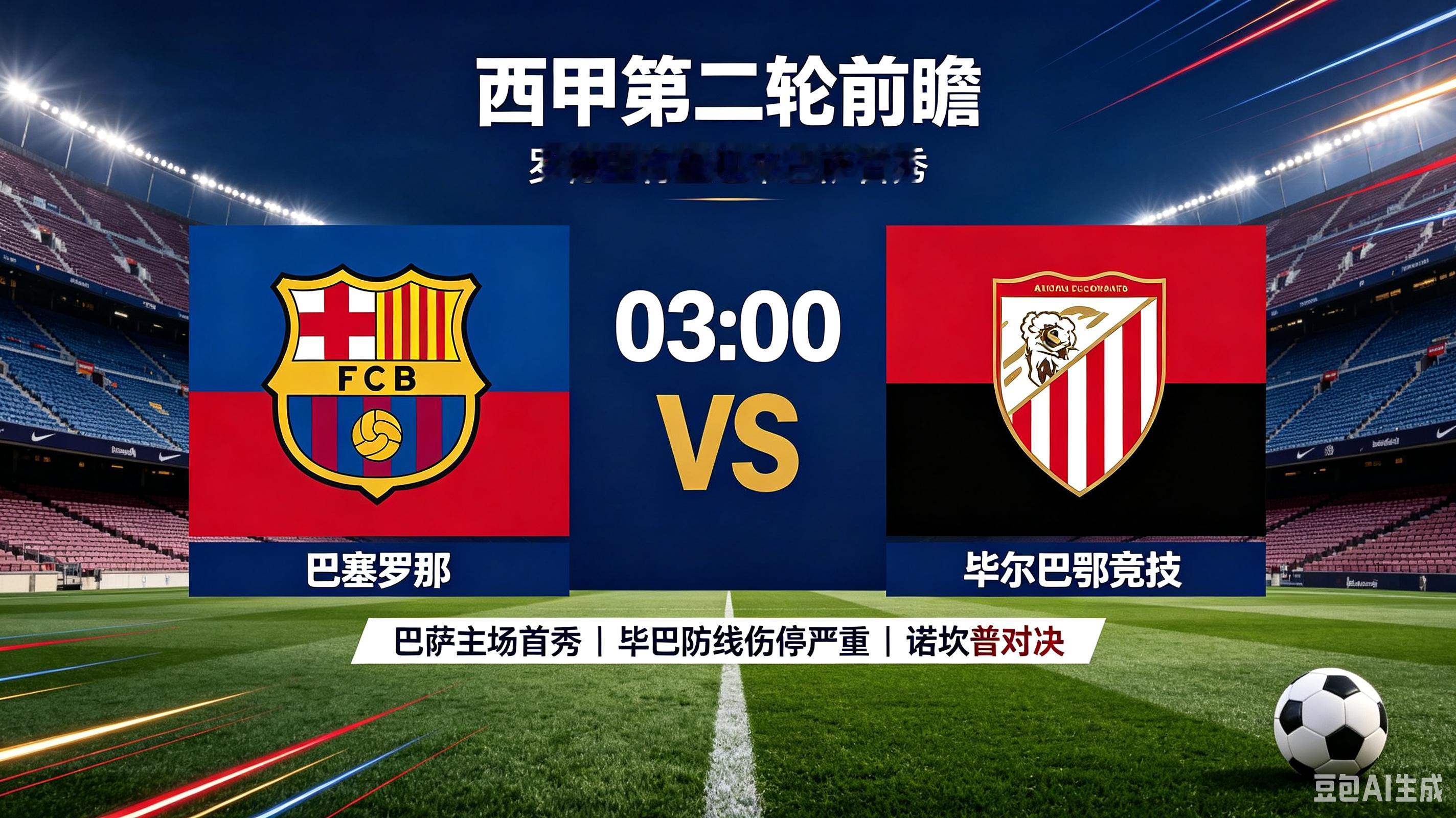 #西甲#  03:00 巴塞罗那 VS 毕尔巴鄂竞技
巴萨客场 5‑0 大胜开启赛季，罗德里有望迎来首秀；毕尔巴鄂防线遭遇大面积伤停，新帅首秀落败。巴萨主场 25 年对阵毕巴保持不败，本场主场首秀能否延续强势？

北京时间凌晨 3 点，西甲第二轮，巴塞罗那坐镇诺坎普迎战毕尔巴鄂竞技。
巴萨首轮客场 5‑0 大胜 ​