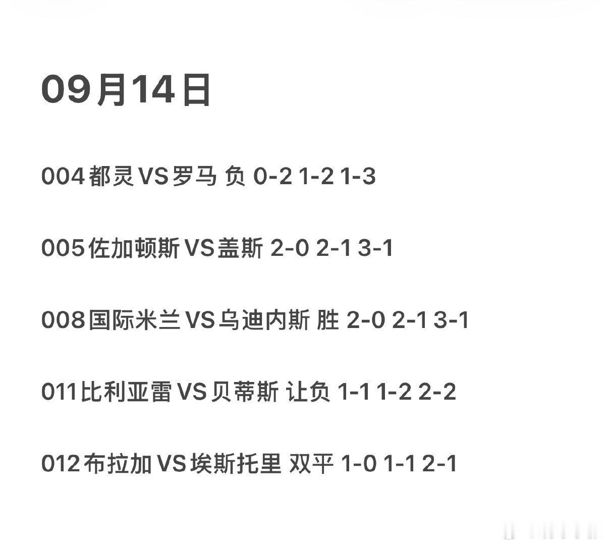9月14日，事来心应，事去心止[大学生能飞][大学生能飞]
都灵VS罗马，国际米兰VS乌迪内斯，比利亚雷VS贝蒂斯，布拉加VS埃斯托里
#瑞典超##葡超##vplus足球狂欢季# ​