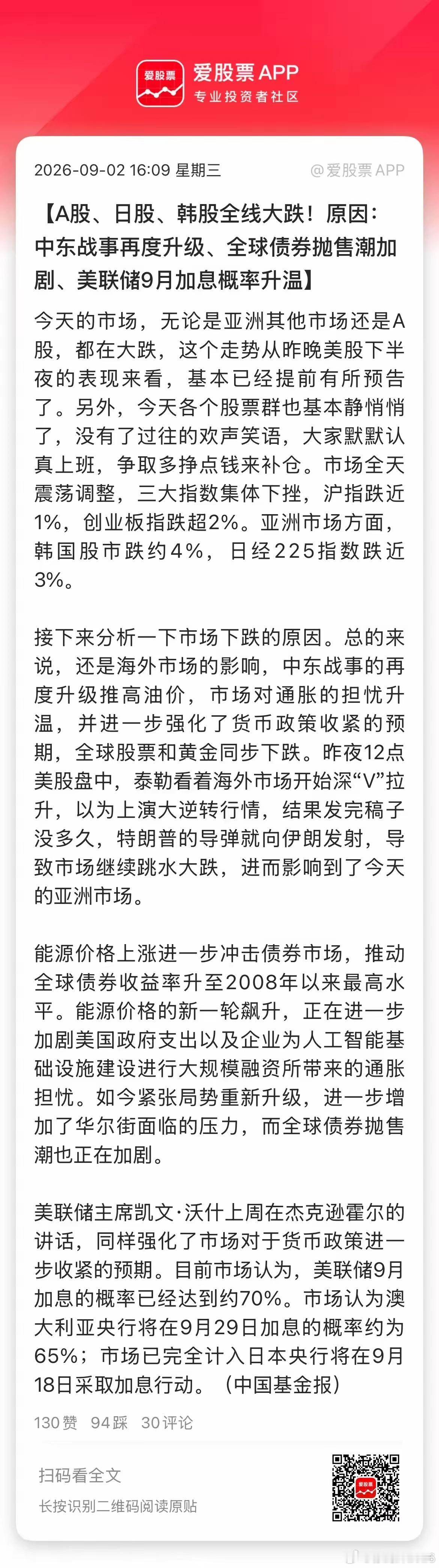 如果要找背锅侠，原因是全球不给力，从昨晚美股到今天日韩都大跌，而且是股债金三杀。大A作为有名的跟屁虫，想走独立行情，确实也挺勉为其难的。
​所以今天大盘下跌是正常的，还是那句话：大家都跌就不算跌，不知道有没有安慰到你们。
​解铃还须系铃人，这一轮调整的导火线，一是特朗普在中东开火， ​