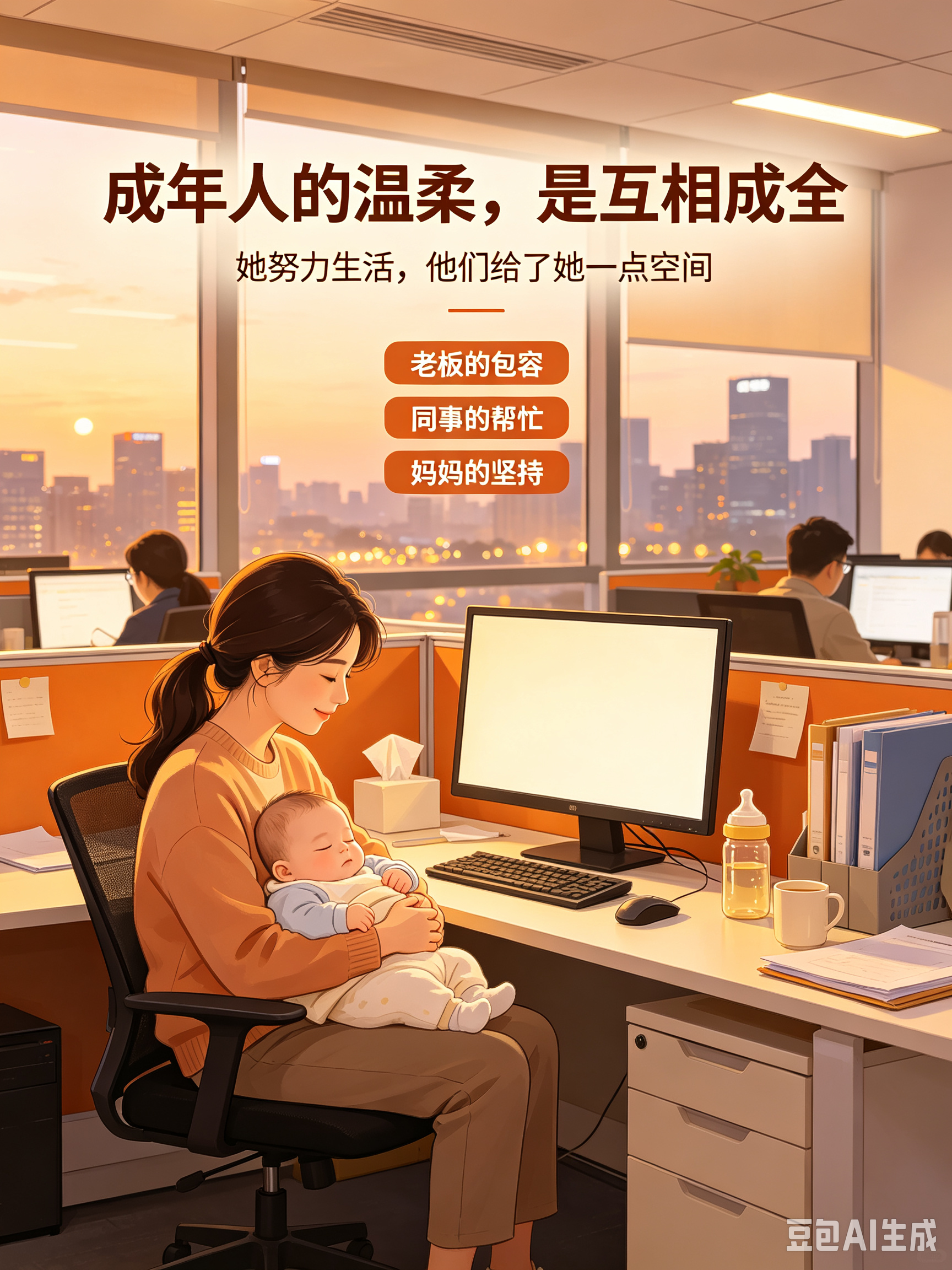 女老板的办公桌旁，多了一张婴儿床

深圳的九月，依旧闷热。任女士把二宝裹在襁褓里，推着婴儿车走进公司大门。这是她休产假的第三个月，也是她带着两个月大的婴儿来上班的第一天。

没有人觉得奇怪。女老板早就在办公区角落里腾出一块地方，放了一张折叠床。同事们路过时，会自然地弯下腰看看熟睡的婴儿，然后轻手轻脚