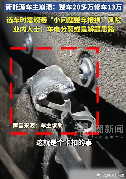 #换电池小卡扣要13万接近车价一半#有车主反映新车刚开一个月，电池包外壳一处卡扣损坏。由于该卡扣与电池盒为一体结构，厂家表示无法单独维修，必须更换整个电池包，报价高达 13 万元，接近车价一半。 ​
