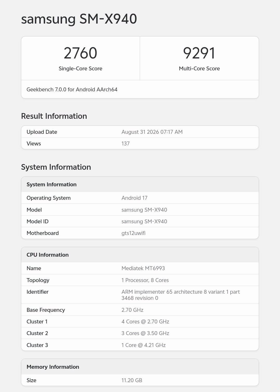 三星Galaxy Tab S12 Ultra 天玑9500

单核/多核  2760/9291

#数码闲聊站[超话]# ​
