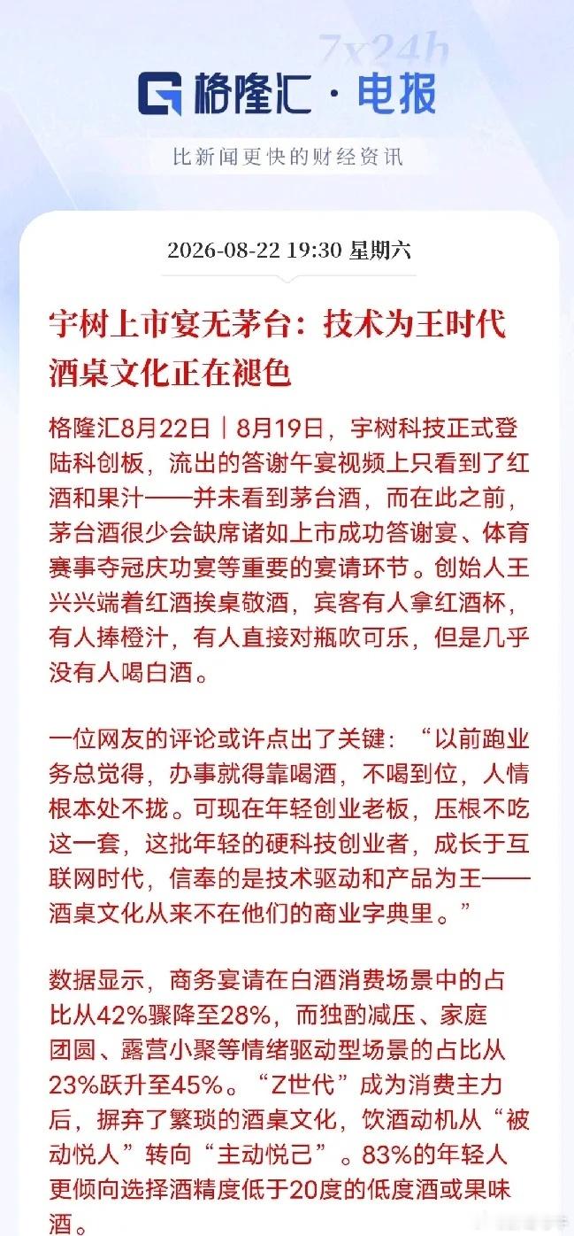 宇树上市宴无茅台，藏着时代大变局？

宇树科技上市答谢宴，摒弃茅台与各类白酒，仅用红酒、饮料待客。一场简单的宴席变化，折射出中国商业格局的迭代，是新旧经济时代的鲜明分水岭。

过去二十年，传统实业、资源与渠道生意，核心依托人情、圈层和酒桌社交。白酒尤其是茅台，成为顶级商业社交货币，饭 ​