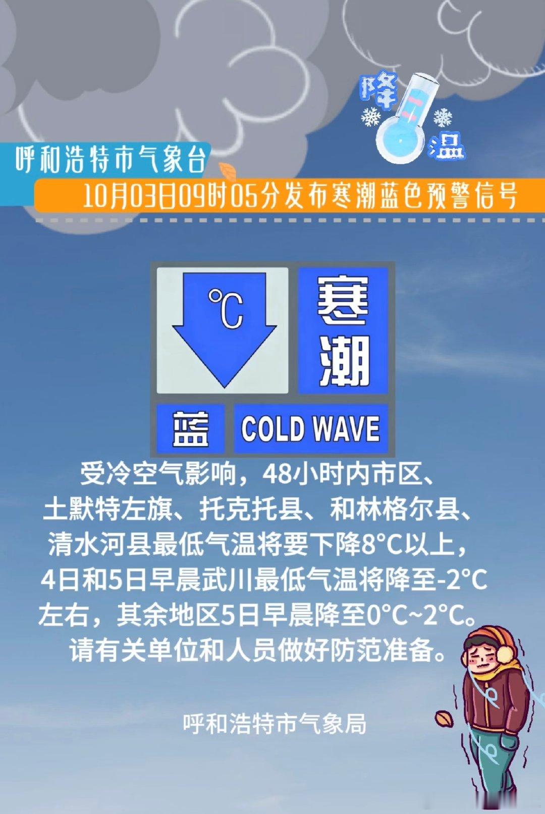 呼和浩特市气象台2026年10月03日09时05分发布寒潮蓝色预警信号#预警信号# ​