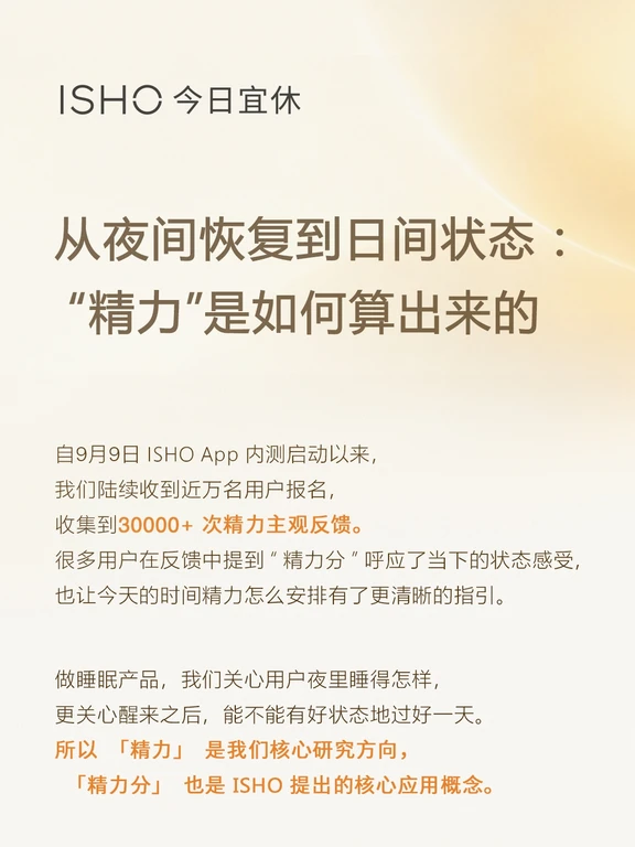 分享一个好消息：今日宜休团队@ISHO今日宜休  联合清华大学人因团队的首项「精力」科学研究被世界权威睡眠学术会议欧洲睡眠大会录用！Sleep Europe 是全球睡眠领域的权威学术平台，本届大会汇聚全球两千余位临床与科研从业者共同交流前沿成果。
	
「精力」的概念还处于前沿探索阶段。这项研究帮助我们更好的理解睡眠、日间“回血”方式与精力的关系，校准算法体验。
	
市面上很多睡眠设备，重点都放在解析夜间睡眠，给出一个分数就结束。这些数据对今天有什么作用？这也是为什么 ISHO ，除睡眠分之外，一定要做精力分，并且相关的科研不止这一个，还有更多在进行中。今日宜休投入科学研究希望建立产学研协同，携手持续探索人体身心的底层逻辑，把科学转化为能真正服务用户的能力。
	
目前第二期实验已经在进行中，未来也欢迎更多感兴趣的朋友参与到我们的内测实验中，更多的样本和数据可以帮助我们把算法做的更准[合十R][合十R]#王腾  #今日宜休  #精力  #睡眠 