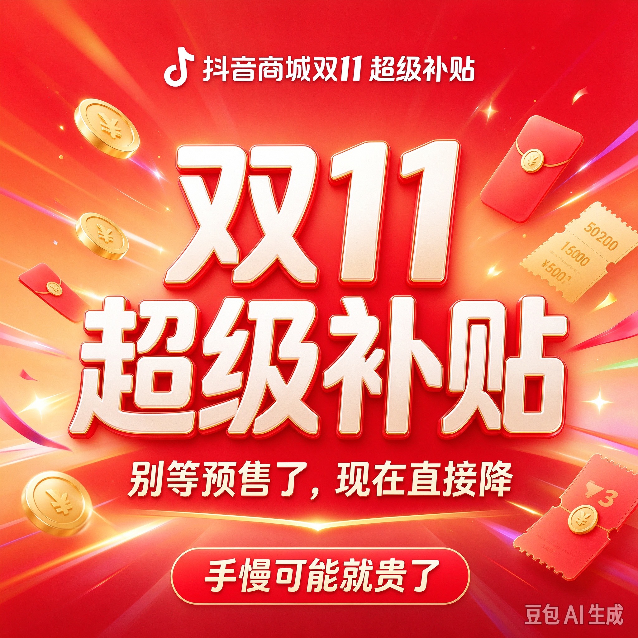 别等预售了！抖音商城双11超级补贴真的来了，手慢可能就贵了

每年双11最累的是什么？

不是抢券，是算券——满300减50、跨店凑单、定金尾款、凌晨准点……算到最后发现，还没楼下便利店打折香。

但今年抖音商城双11好物节，玩法突然「良心」了：

不设预售、现货直接买、立减不用凑单、消费券全周期发
