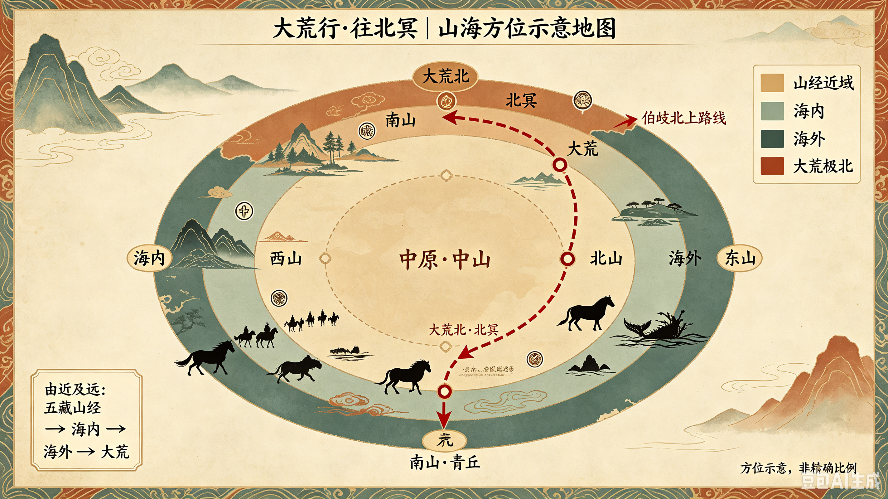 《大荒行·往北冥》
第二回｜杻阳逢瑞，鹿蜀相从
 
辞别青丘山，伯岐领着十余名同伴一路向北，行三百七十里，便抵达杻阳山。
 
伯岐今年二十，一身鞣制兽皮紧紧裹住身躯，背上骨弓打磨得光滑，箭囊里插满石镞箭矢。这支小队口粮大半依仗他的射术，沿途逢山便猎，飞鸟走兽，但凡入他视线，弓弦一响鲜有落空。一路行来