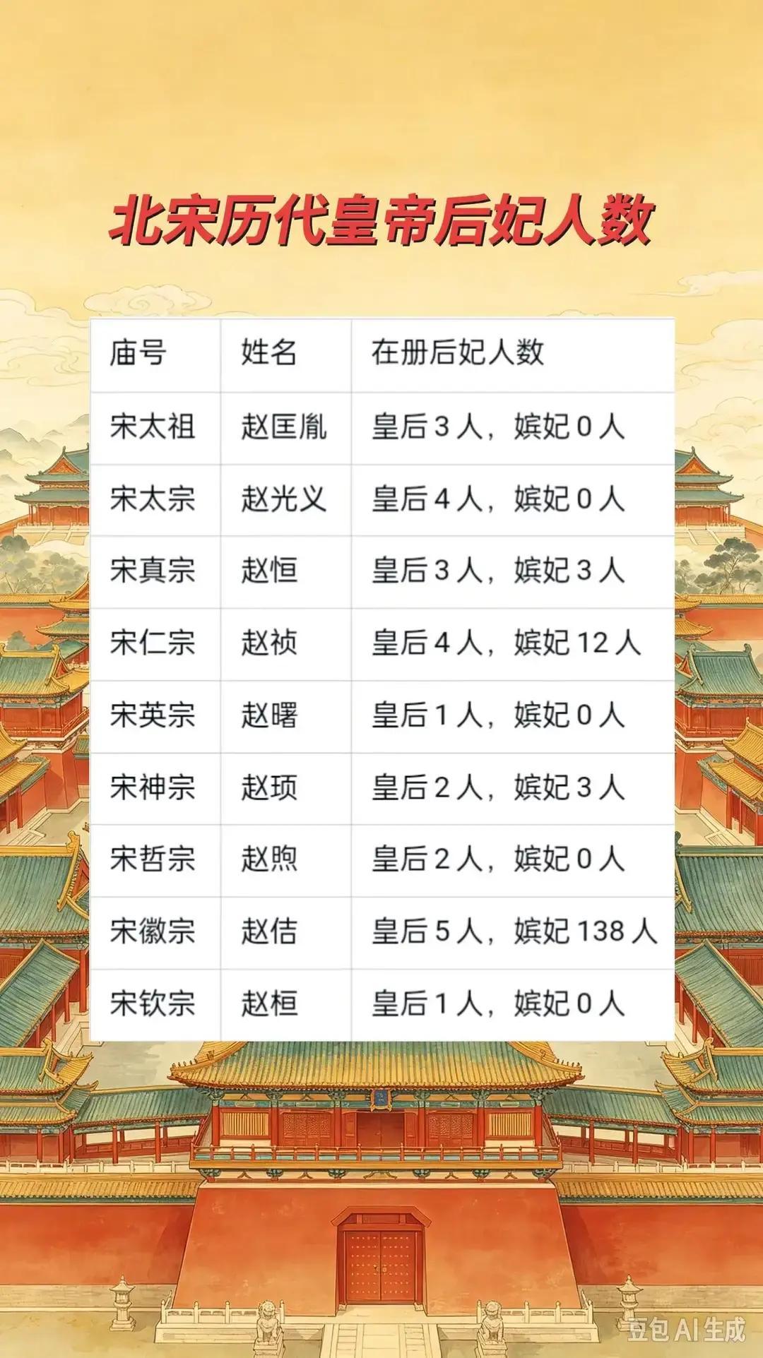 北宋历代皇帝后妃人数。毫无疑问，宋徽宗赵佶断层第一，后妃人数比其他皇帝的总和还要多得多。

这后宫一多，事儿就杂了。赵佶自己是个闲不住的性子，整天不是琢磨字画，就是摆弄花石，后宫多少人他自个儿都记不全。记不全，就容易出岔子。
有一回，内侍省核验用度，发现一位姓王的才人份例领了双份。管事的太监心里打鼓