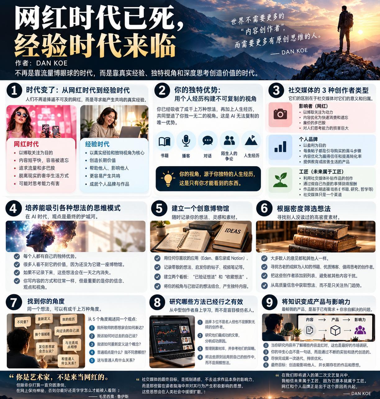 网红时代已死，经验时代来临

最近读了 DAN KOE 的一篇文章，有个观点值得琢磨：未来属于工匠，而不是网红。这背后，其实是互联网价值逻辑的一次迁移。

过去二十年，互联网主要解决【信息分发】的问题。谁能获得更多注意力，谁就拥有更大的商业机会。于是，流量成了资产，人设成了产品，内容成了生意 ​