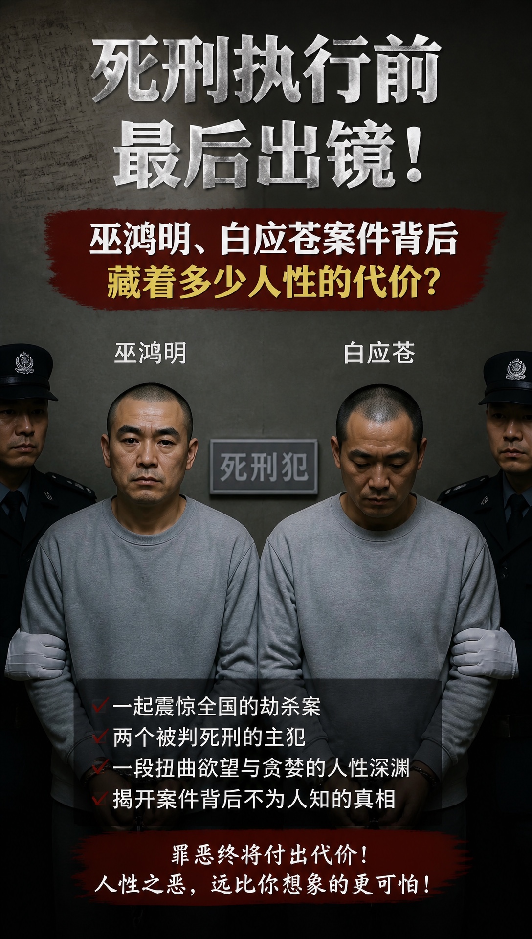 死刑执行前最后出镜！巫鸿明、白应苍案件背后，藏着多少人性的代价？
一个残忍真相 


当“死刑”两个字真正落下的时候，很多人才第一次意识到，有些错误，人生根本没有重来的机会。

巫鸿明、白应苍被执行死刑的消息曝光后，很快引发大量关注。尤其是两人在执行前最后出镜的画面，更让不少人心情复杂。有人