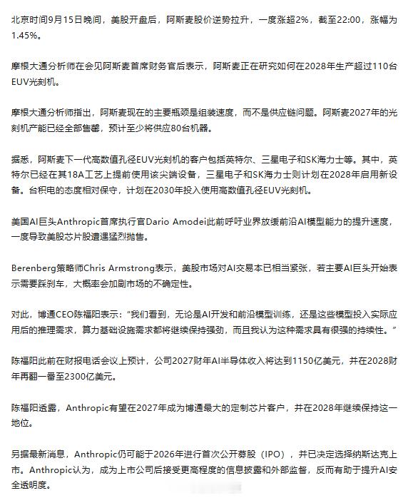 【#光刻机巨头突传重磅#】今晚，#美股# 开盘后，光刻机巨头阿斯麦股价一度涨超2%。消息面上，摩根大通分析师指出，由于AI（人工智能）需求仍然非常强劲，阿斯麦正在研究如何在2028年生产超过110台EUV(极紫外光刻)芯片制造设备。

美股整体市场方面，三大指数震荡走低，半导体、存储、光通信概念股逆势 ​