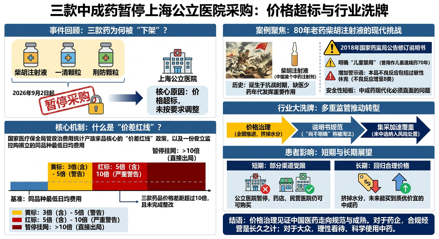 #柴胡注射液等三款中成药暂停采购##健闻登顶计划# 自2026年9月2日起，柴胡注射液、一清颗粒、荆防颗粒三款中成药，因未按要求调整药品价格，被暂停在公立医院的采购资格。
换句话说，这三款药暂时进不了上海的公立医院了。
药品贵一点，为什么要“下架”？这背后到底是怎么回事？
暂停的依据是国家医疗 ​