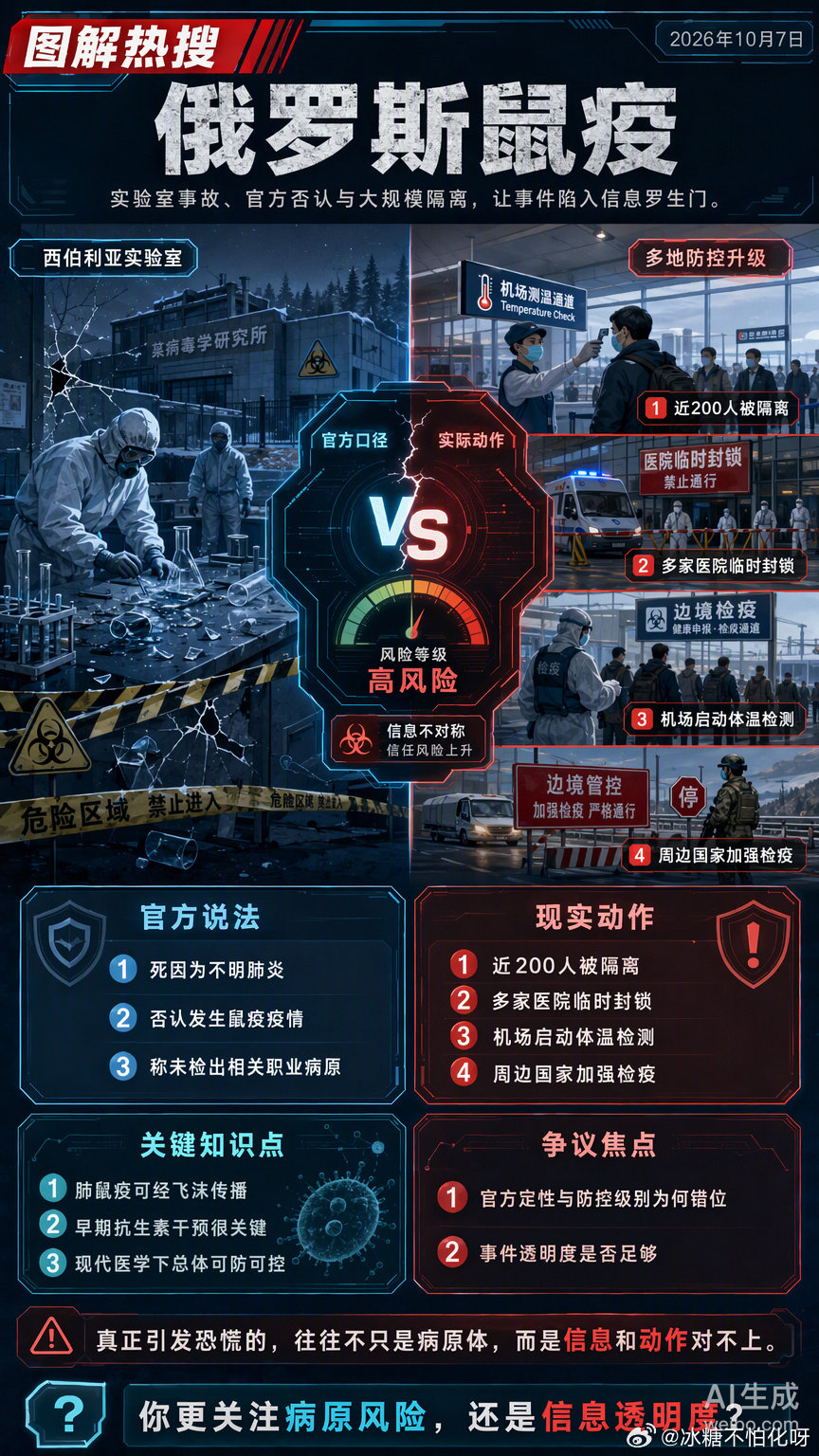 2026年10月，俄罗斯一名28岁女研究员达里娅·希皮洛娃在防鼠疫研究所工作期间因重症肺炎死亡，俄官方定性为“不明原因肺炎”并否认鼠疫泄露，但启动了大规模隔离、封院、测温等最高级别防疫措施，这种言行矛